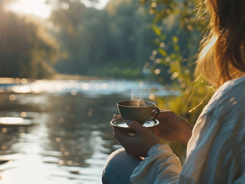 garota tomando uma xícara de café em um ritual matinal