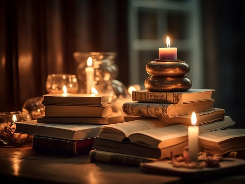 luz de velas e livros em cima de uma mesa