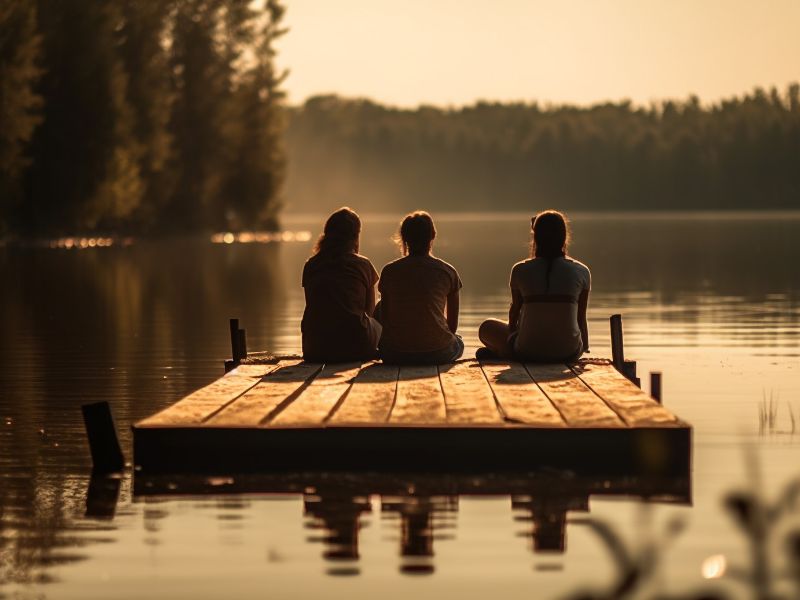 três meninas em um lago refletindo a vida