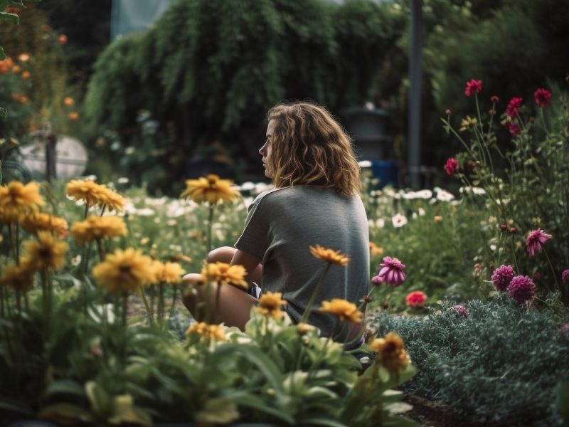 garota pensativa sentada na grama com muitas flores ao redor evidenciando o silêncio