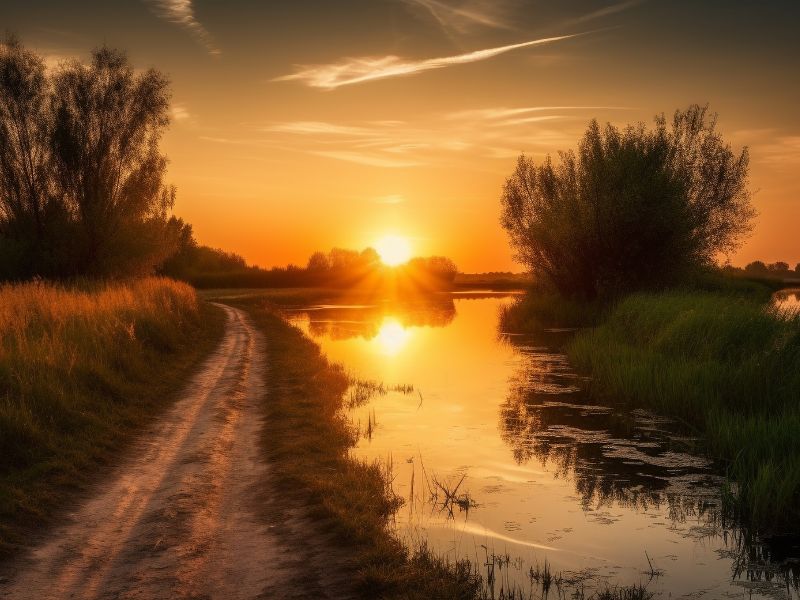uma estrada ao lado de um lago com o sol se pondo