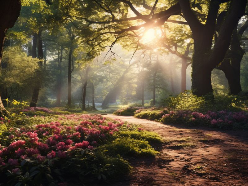 uma trilha com folhes na floresta com raios de sol