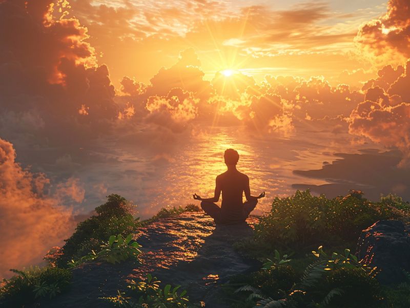 homem meditando no topo de uma montanha ao nascer do sol.