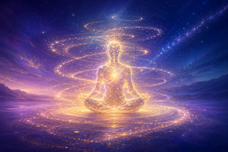 Silhueta humana translúcida em meditação com partículas de luz dourada representando ciclos de reencarnação e evolução espiritual